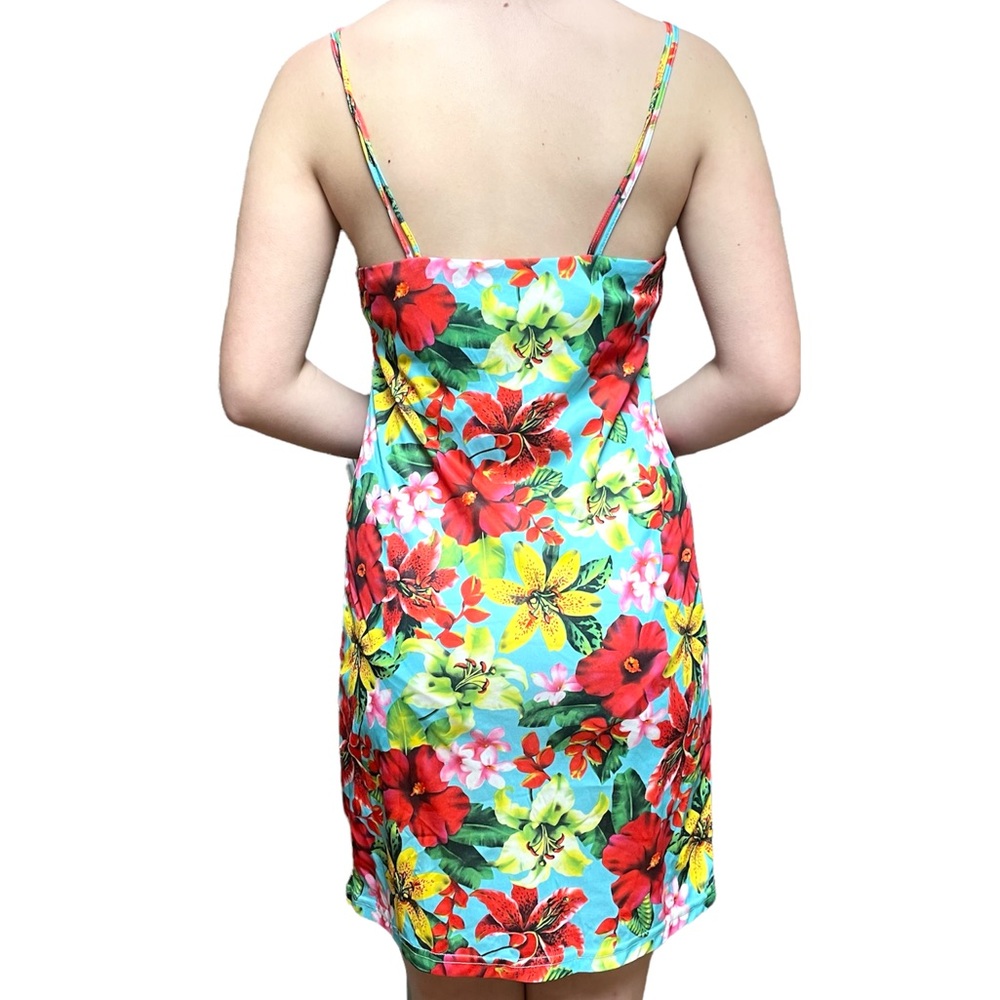 90s Y2K VINTAGE Turquoise Floral Hawaiian Print Pinup Dress - Picture 3 of 9